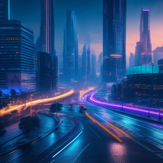 A futuristic, high-tech cityscape at dusk, with sleek skyscrapers and neon lights reflecting off a wet pavement, surrounded by holographic screens and levitating robots, with subtle circuit board patterns in the background.