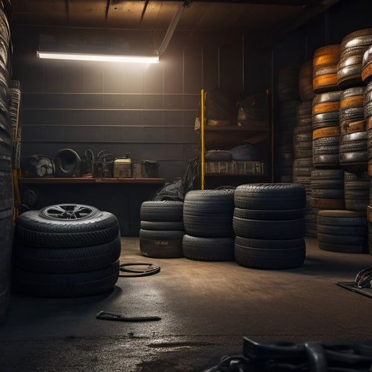 A dimly lit garage with a row of tires stacked vertically, each one clean and dry, with a protective cover or bag, and a few scattered tools and a tire pressure gauge in the foreground.