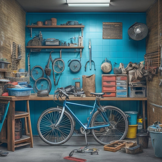 A cluttered garage with tools scattered on the floor, a rusty bike leaning against the wall, and a workbench cluttered with random parts, transformed into an organized space with labeled bins, a pegboard, and a neatly hung bike.
