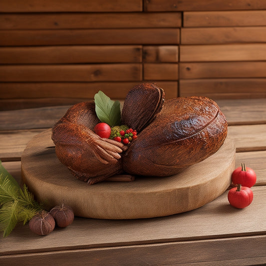 A rustic wooden turkey centerpiece adorned with autumnal leaves, twigs, and a delicate burlap bow, set against a warm, reclaimed wood background with subtle wood grain texture.
