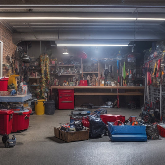 An overflowing garage with holiday decorations, lights, and storage bins scattered about, with a few items spilling out onto the floor, surrounded by tools and other garage items in the background.