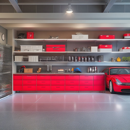 A clutter-free garage with a sleek, silver garage storage system featuring floor-to-ceiling shelves, cabinets, and bins, surrounded by a few neatly organized tools and a shiny, red sports car.