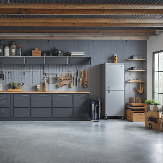 A sleek, modern garage with polished concrete floors, featuring a wall-mounted slatwall with wooden pegs holding various tools and accessories, and a stainless steel workbench with built-in cabinets.