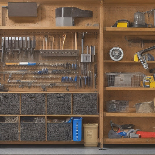 A well-organized garage with a pegboard featuring neatly hung wrenches, pliers, and screwdrivers, adjacent to a shelving unit storing labeled bins and a rolling tool chest with open drawers.
