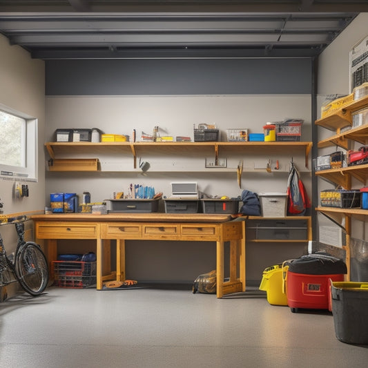 A well-organized garage with a tidy workbench, labeled storage bins, and a pegboard with neatly hung tools, set against a clean and polished concrete floor, with a faint hint of natural light.