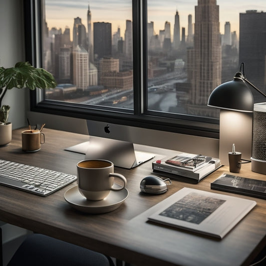 A tidy, modern desk with a laptop, a small Paper Tiger machine, and a few neatly organized files, surrounded by a subtle cityscape background, conveying efficiency and innovation.