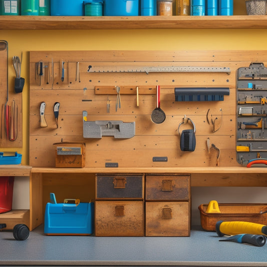 A clutter-free workshop with a pegboard on the wall, holding a hammer, pliers, and screwdrivers, and a nearby toolbox with organized compartments and a few tools peeking out.
