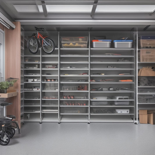 A well-organized garage with a sleek, silver car parked in the center, surrounded by neatly arranged storage bins, hooks, and shelves, with a slatwall on the left and a pegboard on the right.