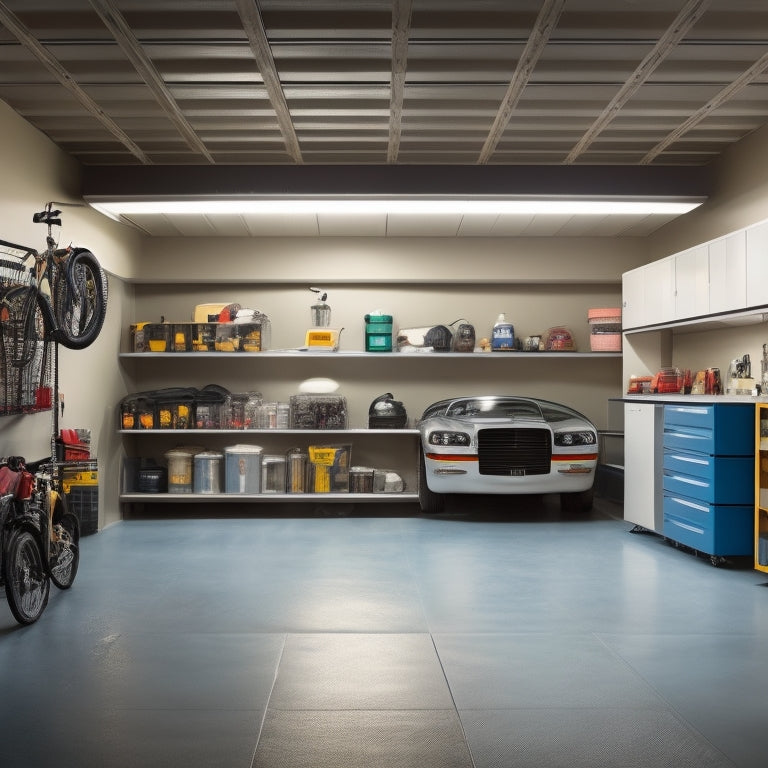A pristine garage with organized shelves, labeled bins, and a sleek epoxy-coated floor, featuring a few strategically placed tools and a single, shiny car, surrounded by ample negative space.