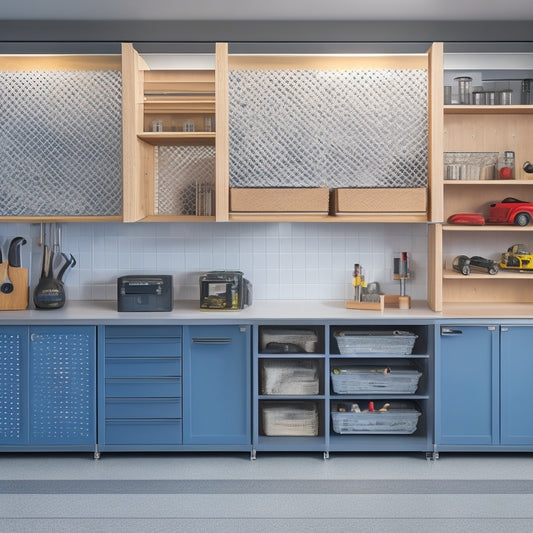 A sleek, well-organized garage with custom storage solutions: slatted wooden cabinets, stainless steel shelving, and a pegboard with neatly arranged tools, set against a clean, light-gray concrete floor and walls.