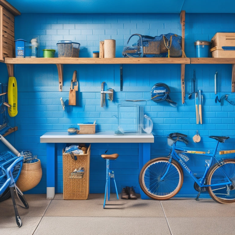 A cluttered garage with scattered tools, bicycles, and storage bins transforms into an organized space with labeled shelves, a pegboard, and a neatly arranged workbench, all amidst a calming blue and white color scheme.