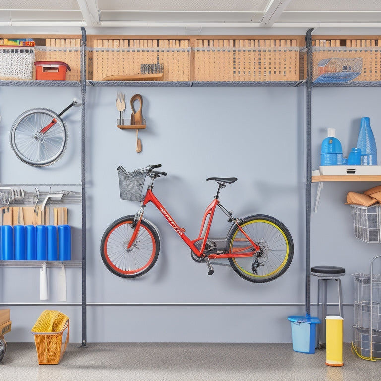 A clutter-free garage with a sleek, silver overhead storage rack holding bicycles, and a wall-mounted pegboard with organized tools and accessories, set against a clean, white background.