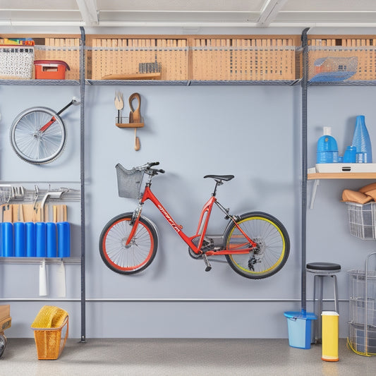 A clutter-free garage with a sleek, silver overhead storage rack holding bicycles, and a wall-mounted pegboard with organized tools and accessories, set against a clean, white background.