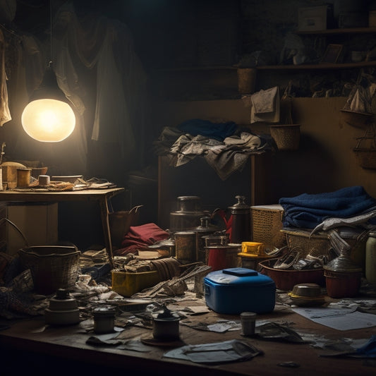 A dimly lit, cluttered room with piles of worn-out clothes, dusty vases, and broken appliances, surrounded by scattered papers and empty takeout containers, with a single, faint light bulb hanging from the ceiling.