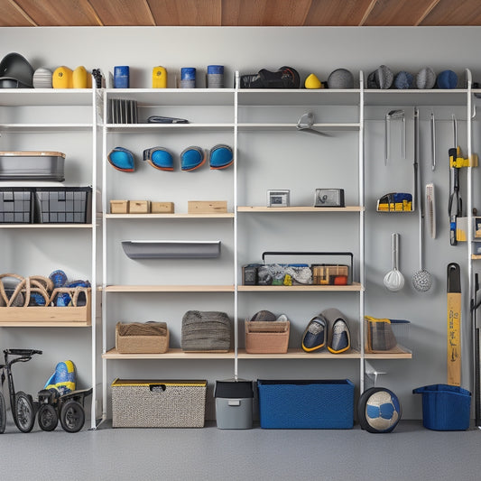 A well-organized garage with a slatwall featuring various storage bins and baskets in different shapes, sizes, and materials, filled with tools, sports equipment, and other items, against a clean, light-gray background.