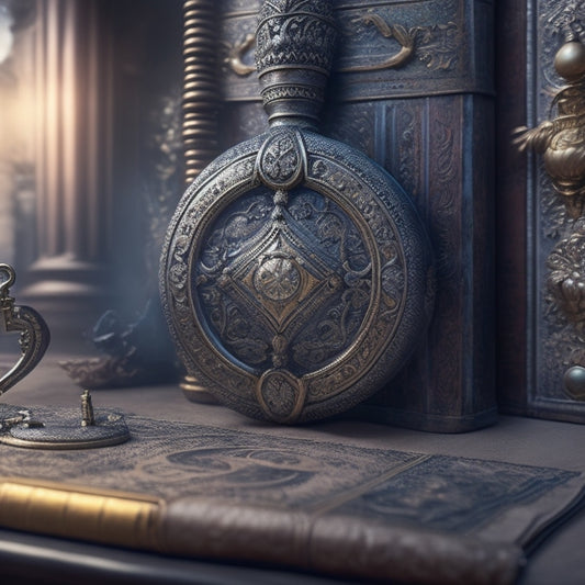A medieval-style, ornate key unlocking a fantastical, glowing portal amidst swirling mists, surrounded by scattered, leather-bound tomes and intricately carved, ancient artifacts.