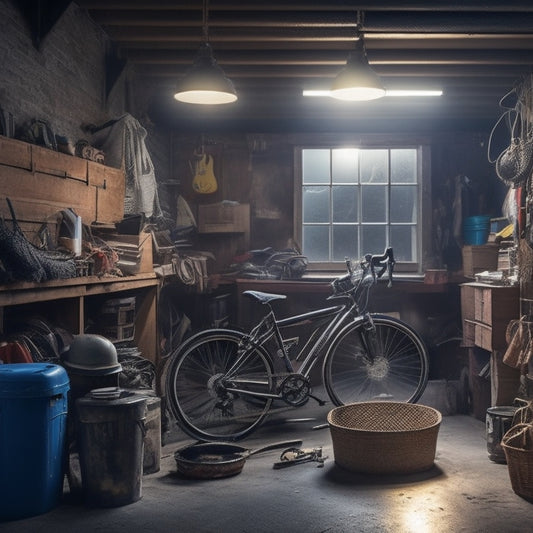 A cluttered garage with stacked boxes, scattered tools, and a bicycle with flat tires, surrounded by cobwebs, with a single, faint light bulb hanging from the ceiling, casting long shadows.