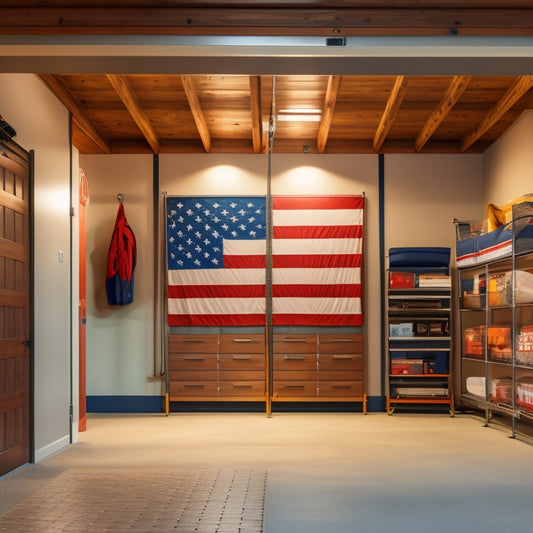 A well-lit, modern garage with sleek, custom-built storage units in a rich wood tone, featuring slatted shelving, metal hooks, and a prominent American flag motif on the wall.
