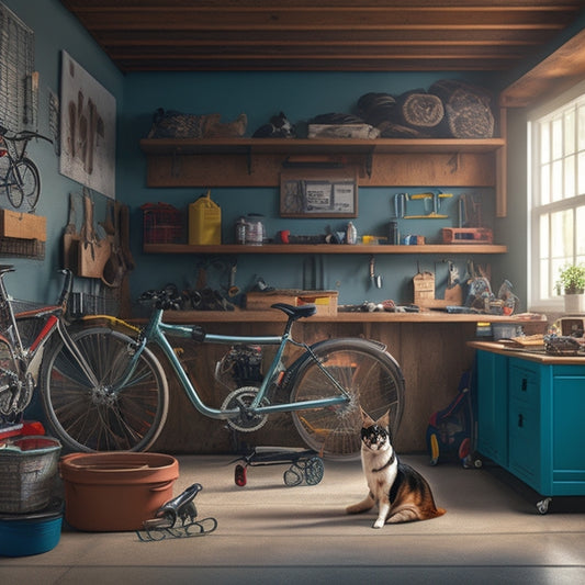 An illustration of a garage with a dog bed and toys in the corner, a cat climbing a cat tower near a workbench, and a bicycle hanging from the ceiling amidst organized storage and tools.