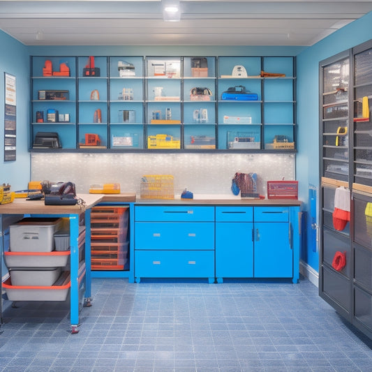 A well-organized garage with sleek, floor-to-ceiling storage units, hooks, and bins, alongside a workbench with a vice, tool chests, and a pegboard, all set against a clean, epoxy-coated floor.