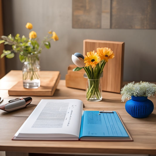 A minimalist desk with a laptop, pencils, and a half-opened DIY planner, surrounded by rolled-up blueprints, a vase with fresh flowers, and a small inspirational wooden sign on a wooden wall.