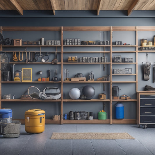 A well-organized garage with sleek, grey textured walls, lined with sturdy, wooden shelves of varying heights, holding neatly arranged tools, storage bins, and a few sports equipment, amidst a warm, soft lighting.