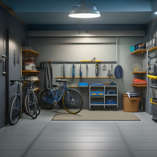 A clutter-free garage with a sleek, gray epoxy-coated floor, organized toolboxes, and a pegboard with hanging bicycles, a ladder, and a few strategically placed LED lights.