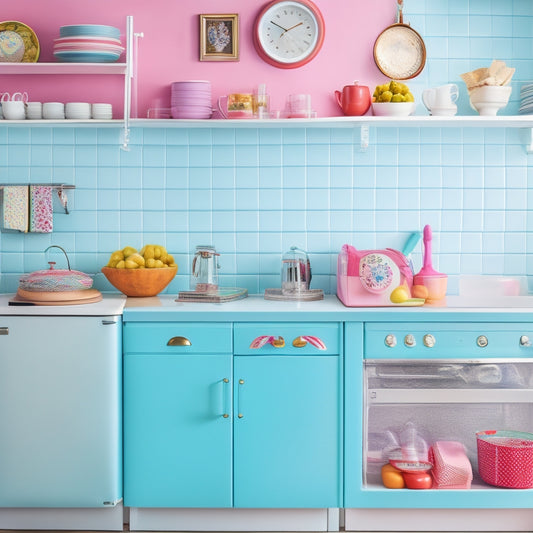 A tidy, pastel-hued kitchen with a retro-style refrigerator, adorned with colorful magnets, showcasing Emily Belcher's signature eclectic yet organized aesthetic, surrounded by neatly arranged cookbooks and utensils.
