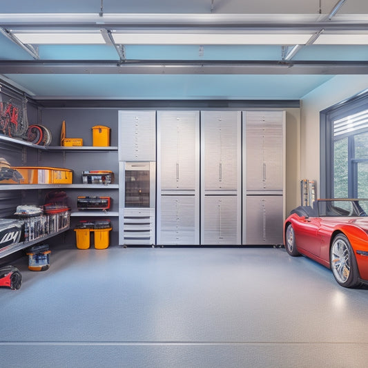 A sleek, modern garage interior with a silver sports car centered, surrounded by custom storage solutions: slatted cabinets, overhead racks, and a pegboard with organized tools and accessories.