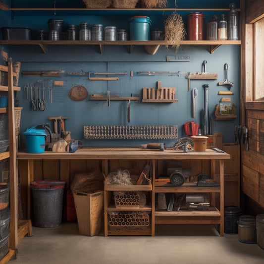A cluttered garage with scattered tools and storage bins, transformed into an organized space with labeled pegboards, DIY shelving, and repurposed containers, showcasing a workbench with a vice and various hand tools.