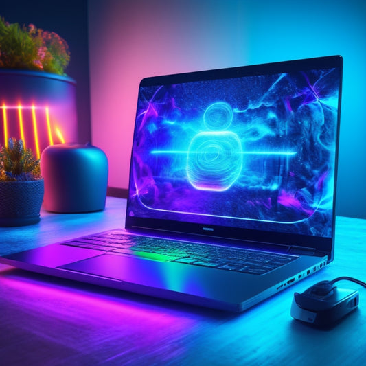 A futuristic, sleek laptop screen displaying a vibrant, 3D product model with interactive hotspots, surrounded by swirling, neon-lit brain waves and light bulbs, set against a dark, gradient blue background.