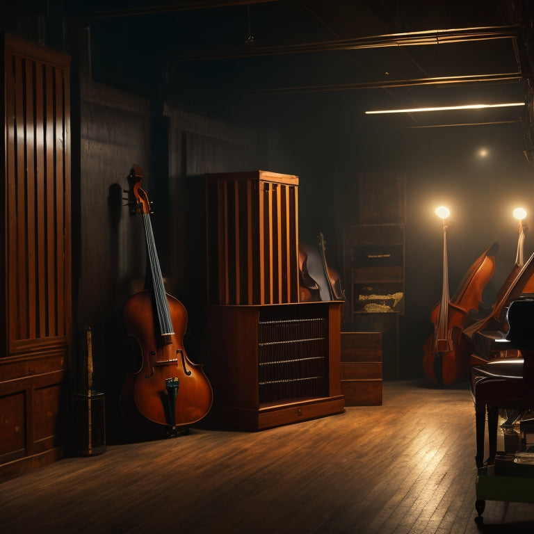 A dimly lit, wooden-floored storage room with a grand piano, a harp, and a double bass standing upright, surrounded by protective covers and storage crates, with soft, warm lighting.