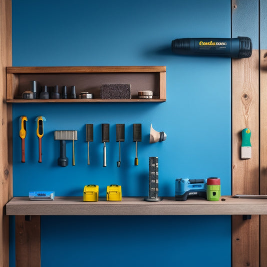 A partially installed wall shelf with drill, screws, and level nearby, surrounded by scattered DIY tools and a faint outline of a wall stud map on the background wall.