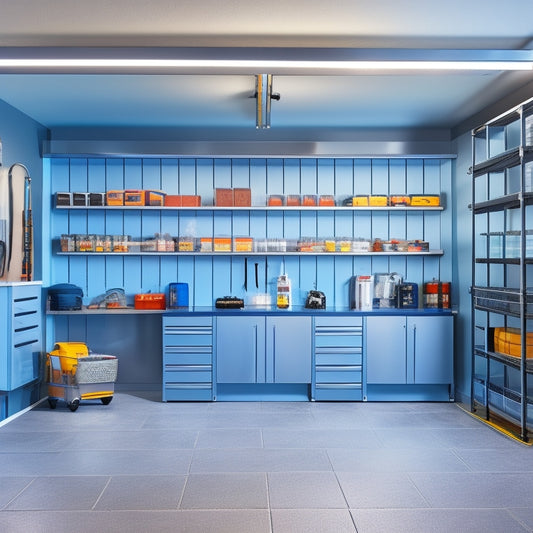 A tidy, well-lit garage with sleek, custom-built shelving units, stainless steel cabinets, and a slatwall with neatly organized tools and accessories, against a backdrop of a gleaming epoxy-coated floor.