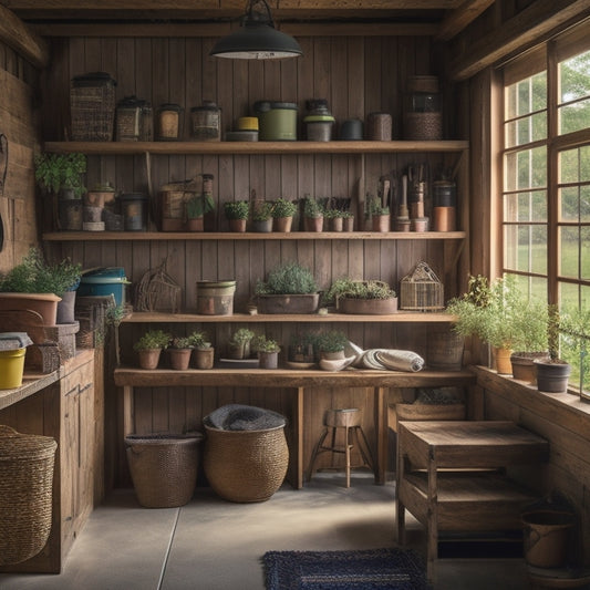 A well-organized shed interior with custom-built wooden shelves, adorned with neatly arranged storage bins, tools, and gardening supplies, illuminated by natural light pouring in through a large window.