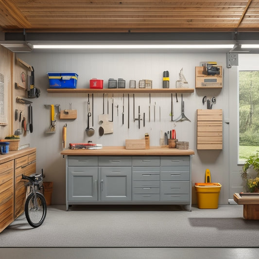 A clutter-free garage with a small workbench, pegboard, and a few well-organized tools, surrounded by a fresh coat of light gray paint and warm wooden accents, with a single garage door in the background.