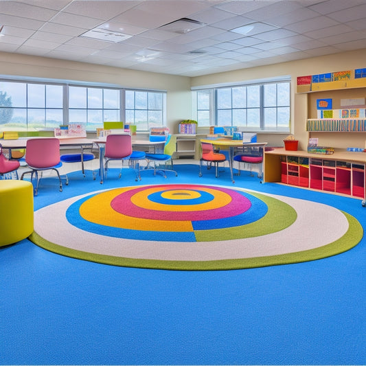 A bright, modern classroom with a collaborative learning space, colorful rugs, and flexible seating options, featuring a circular table with laptops and a large, transparent whiteboard in the background.