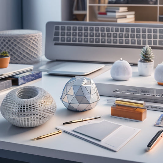 A clutter-free desk with a 3D printed pen holder resembling a futuristic spaceship, a robotic paperweight, and a geometric cable organizer, surrounded by neatly arranged office supplies and a sleek laptop.