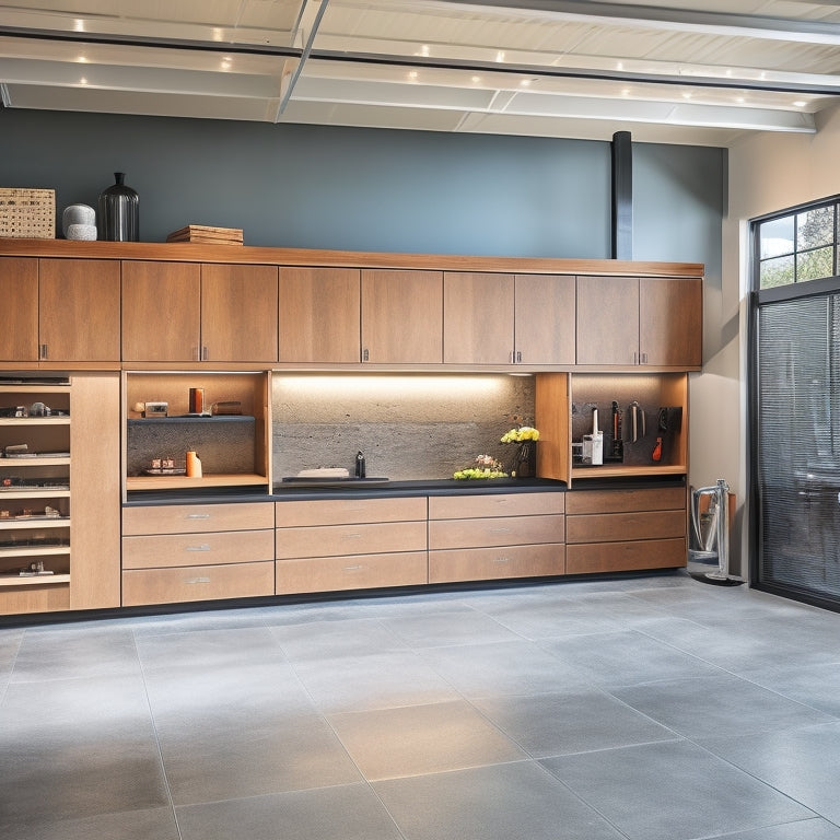 A sleek, modern garage with polished concrete floors, featuring a wall-mounted cabinet system with chrome handles, adjustable shelves, and a combination of closed and open storage compartments in a warm, industrial-style wood tone.