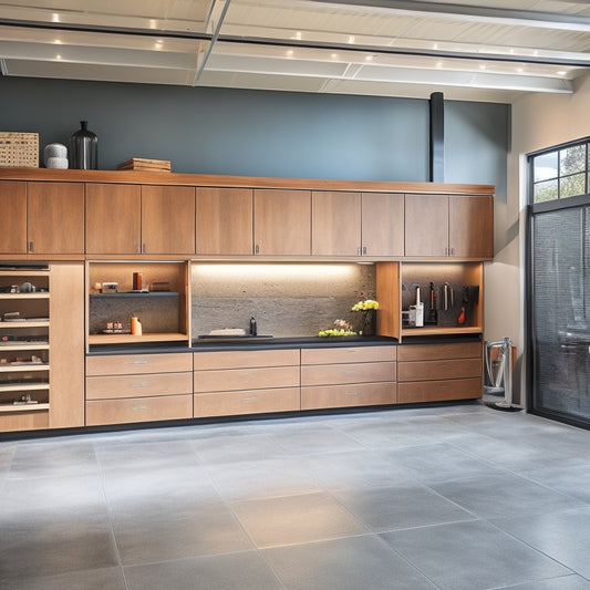 A sleek, modern garage with polished concrete floors, featuring a wall-mounted cabinet system with chrome handles, adjustable shelves, and a combination of closed and open storage compartments in a warm, industrial-style wood tone.