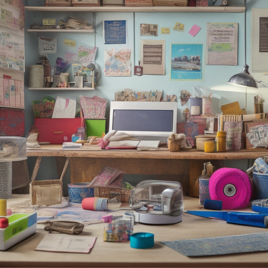 A colorful, clutter-free workspace with scissors, glue, and rolls of stickers in the foreground, surrounded by DIY garage sale signs, price tags, and a few vintage items in the background.