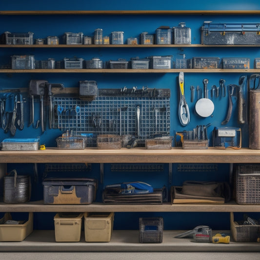 A clutter-free garage with a pegboard on the wall, holding neatly arranged wrenches, pliers, and screwdrivers, alongside a toolbox with labeled drawers and a socket set on a nearby workbench.
