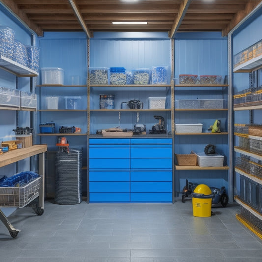 A well-organized garage with a slatwall holding bins, baskets, and hooks, adjacent to a floor-to-ceiling shelving unit stacked with labeled storage containers, and a sleek workbench with a built-in vice.