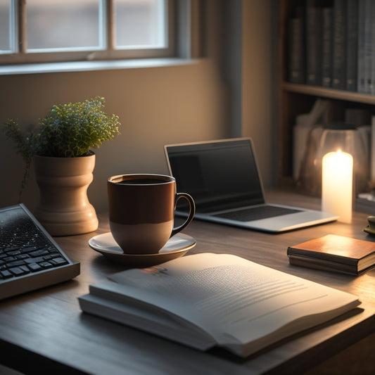A minimalist, modern desk with a sleek laptop, a cup of steaming coffee, and a few precisely placed bestselling books, surrounded by a subtle, warm glow, conveying focus and accomplishment.