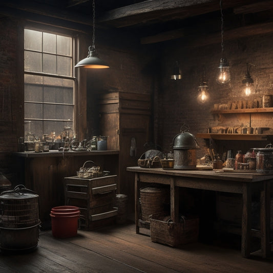 A dimly lit, rustic garage with reclaimed wood accents, vintage metal signs, and exposed brick walls, featuring a distressed wooden workbench, rusty tools, and a few strategically placed lanterns.
