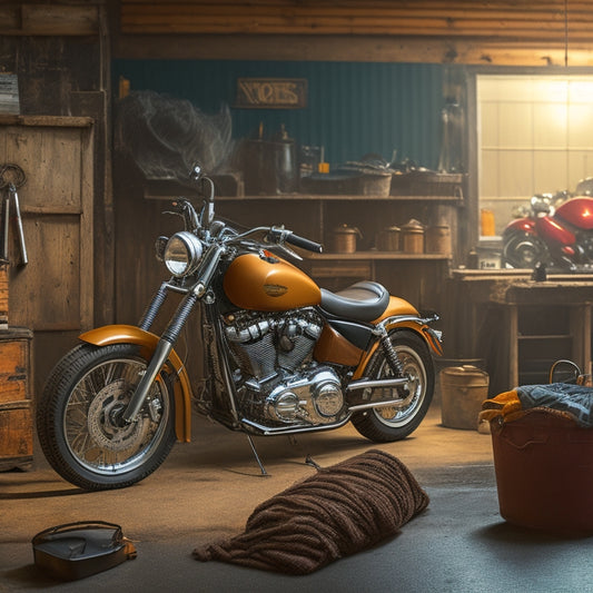 A motorcycle parked in a well-lit garage, surrounded by tools and winterization supplies, with a large, checked-off checklist on an easel in the foreground, and a warm-toned, winter-themed background.