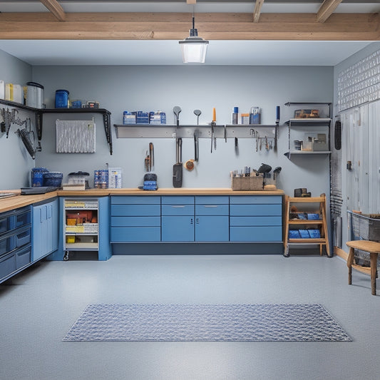 An organized garage with a sleek, gray epoxy-coated floor, surrounded by custom-built wooden workbenches with metal vice grips, and a pegboard with neatly arranged tools and accessories.