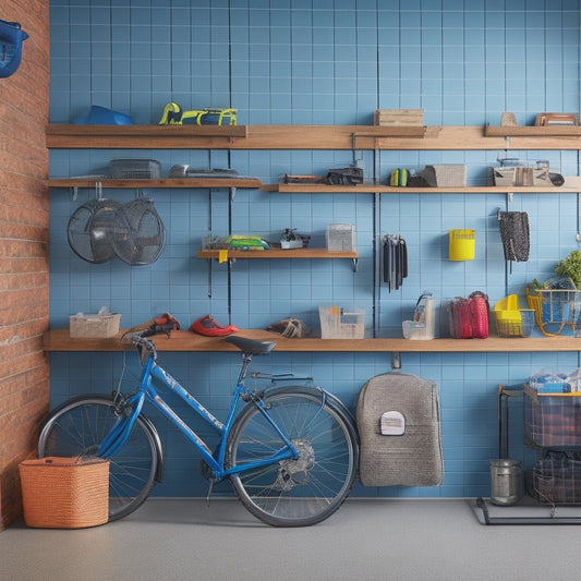 A clutter-free garage with a slatwall featuring hooks, bins, and baskets, surrounded by a pegboard with tools, a wall-mounted bike rack, and a sleek shelving unit with labeled storage containers.