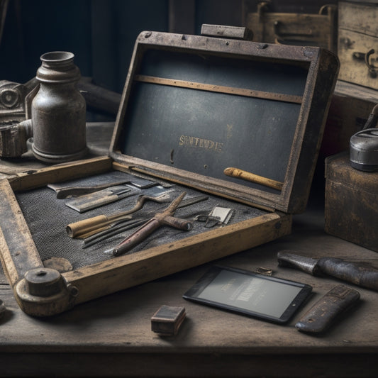 A worn, vintage toolbox with a torn, faded repair manual lying open on top, surrounded by scattered tools and a modern tablet with a digital manual displayed on its screen.