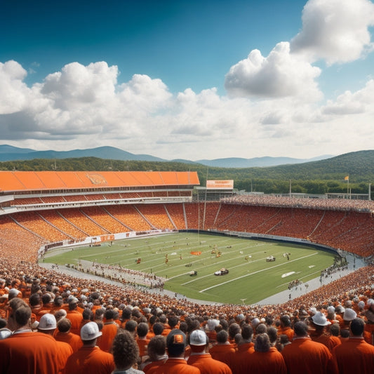 A vibrant illustration of Neyland Stadium's exterior, with a packed crowd of orange-clad fans, surrounded by Tennessee Volunteers flags and banners, amidst a bright, sunny day with fluffy white clouds.